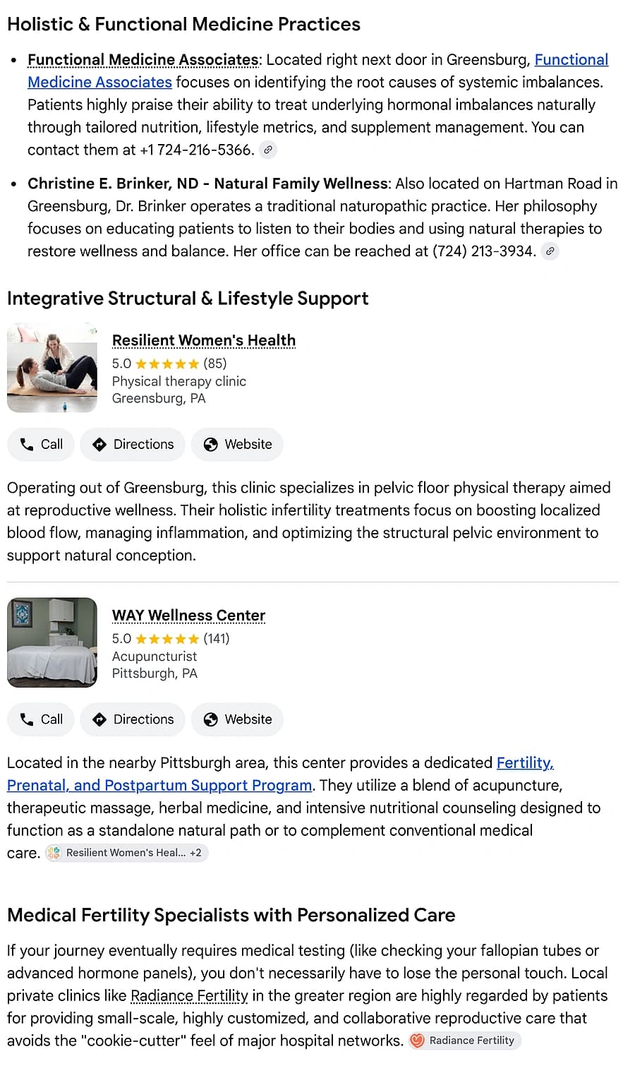 Google AI Mode grouping practitioners into separate headings: Holistic & Functional Medicine Practices, and Integrative Structural & Lifestyle Support