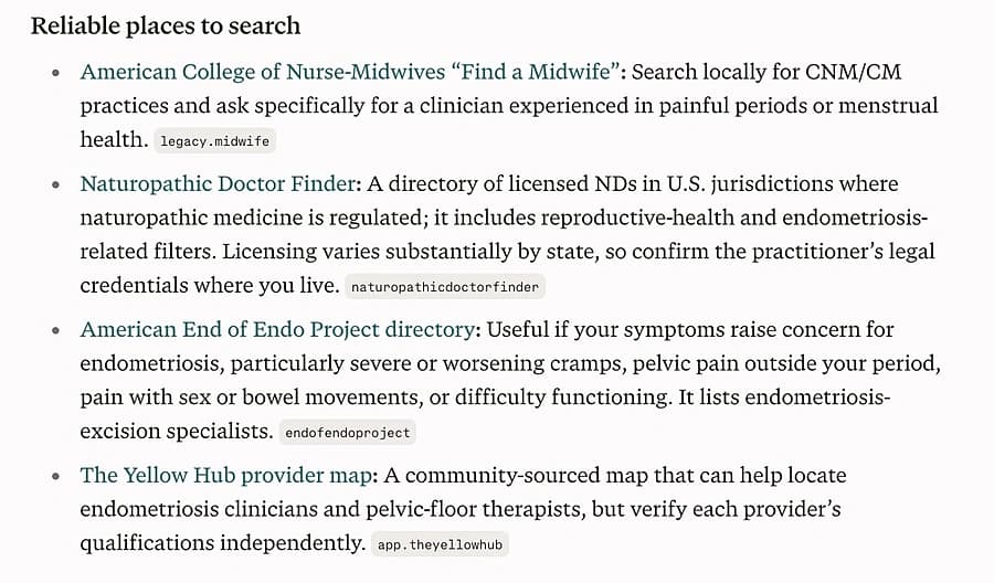 Perplexity's 'Reliable places to search' list: American College of Nurse-Midwives Find a Midwife, Naturopathic Doctor Finder, American End of Endo Project directory, and The Yellow Hub provider map
