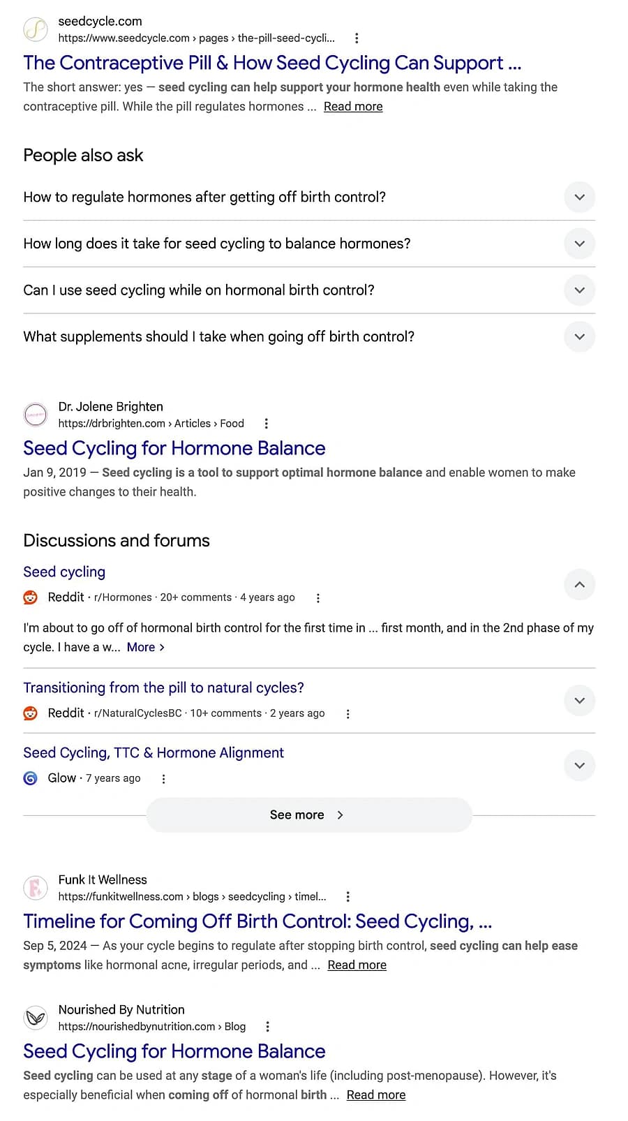 Google search results for the seed cycling prompt: seedcycle.com, a People also ask box, Dr. Jolene Brighten, Reddit threads and Funk It Wellness