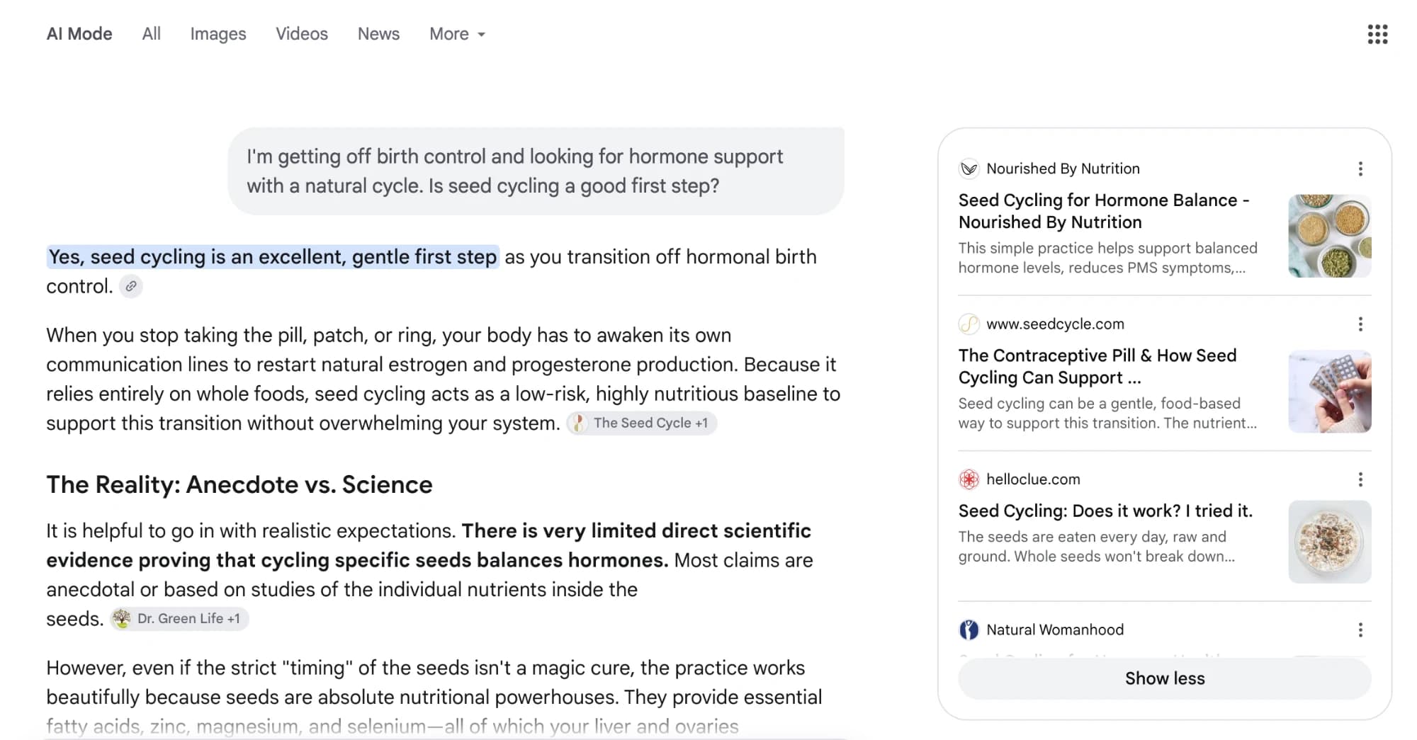 Google AI Mode answer to the prompt about getting off birth control and whether seed cycling is a good first step, with source links shown alongside
