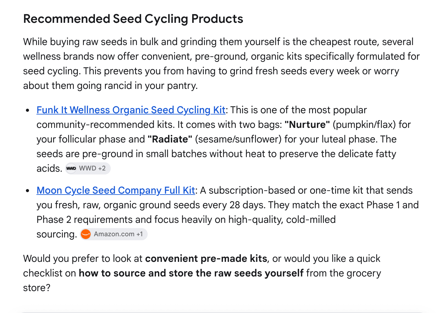 Google AI Mode listing recommended seed cycling products, including the Funk It Wellness and Moon Cycle Seed Company kits