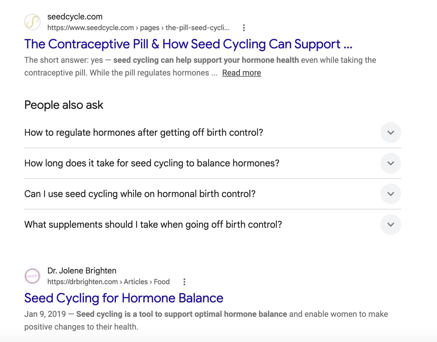 Regular Google search results for seed cycling and getting off birth control, showing seedcycle.com and drbrighten.com plus a People also ask box